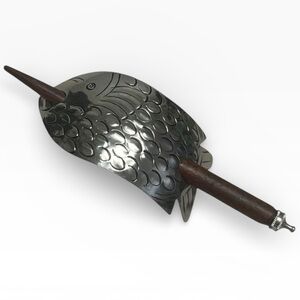 Boho Silver Narwhal Hair Stick Wooden Bun Pin Statement Hair Accessory